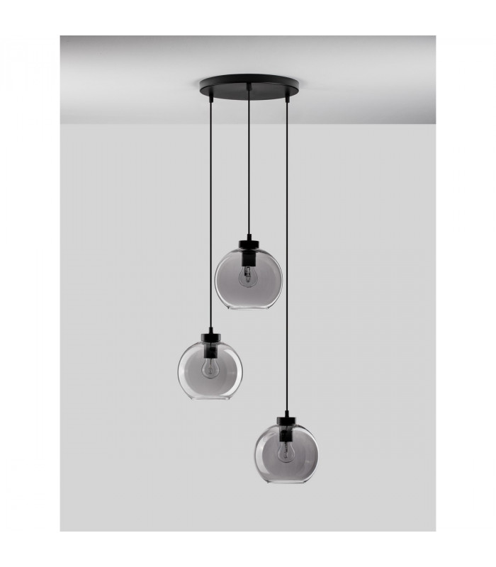 Palmer 3 Light Cluster Pendant Ceiling Light Smoky Glass Black Cord Black Metal Base LED E27-3