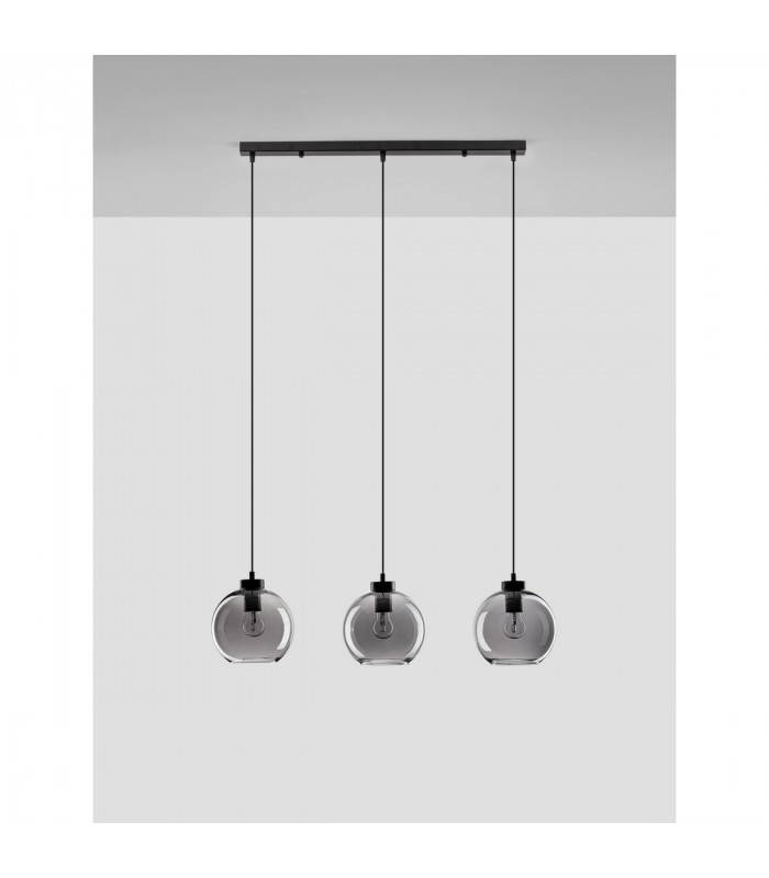 Palmer 3 Light Bar Pendant Ceiling Light Smoky Glass Black Cord Black Metal Base LED E27-3