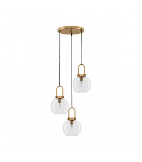Irvine 3 Light Cluster Pendant Ceiling Light Clear Glass Black Cord Brass Gold Metal LED E27-1