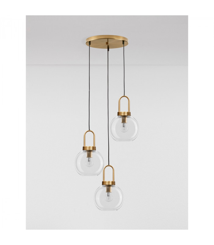 Irvine 3 Light Cluster Pendant Ceiling Light Clear Glass Black Cord Brass Gold Metal LED E27-3