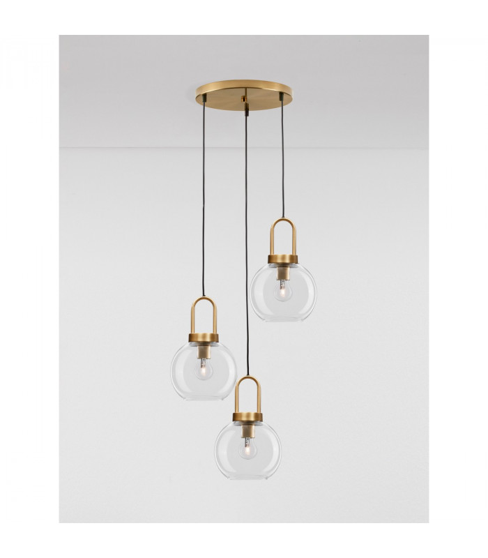 Irvine 3 Light Cluster Pendant Ceiling Light Clear Glass Black Cord Brass Gold Metal LED E27-4