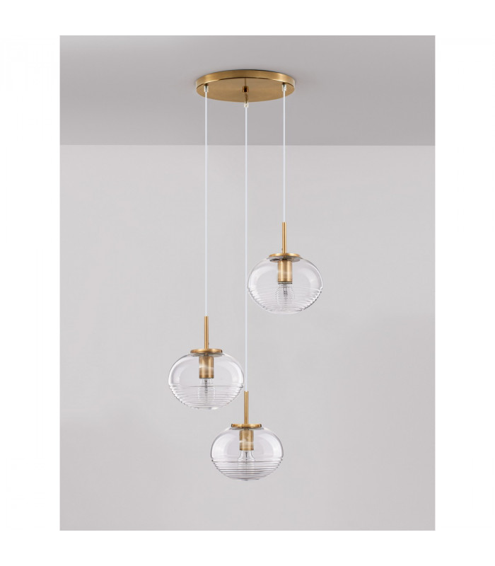 Maeve 3 Light Bar Pendant Ceiling Light Clear Glass White Cord Brass Gold Metal LED E27-3