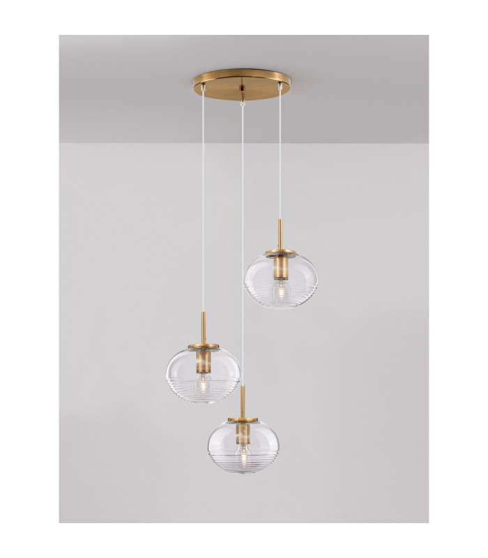 Maeve 3 Light Bar Pendant Ceiling Light Clear Glass White Cord Brass Gold Metal LED E27-4