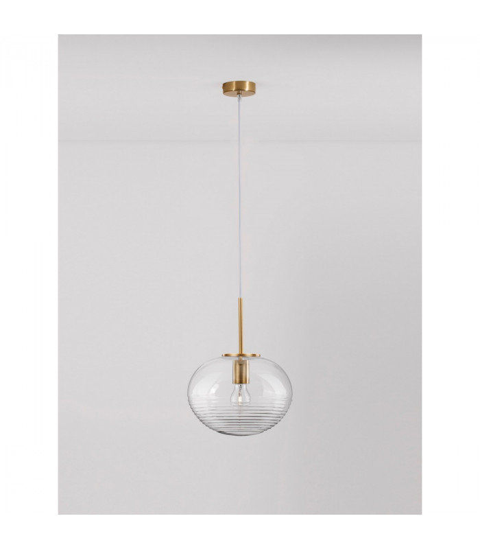 Maeve 28cm Globe Pendant Ceiling Light Clear Glass White Cord Brass Gold Metal LED E27-4