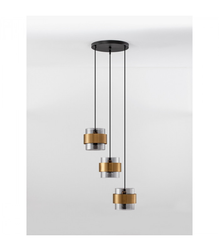 Sianna 3 Light Bar Pendant Ceiling Light Smoke Glass Brass Gold Metal LED E27-3
