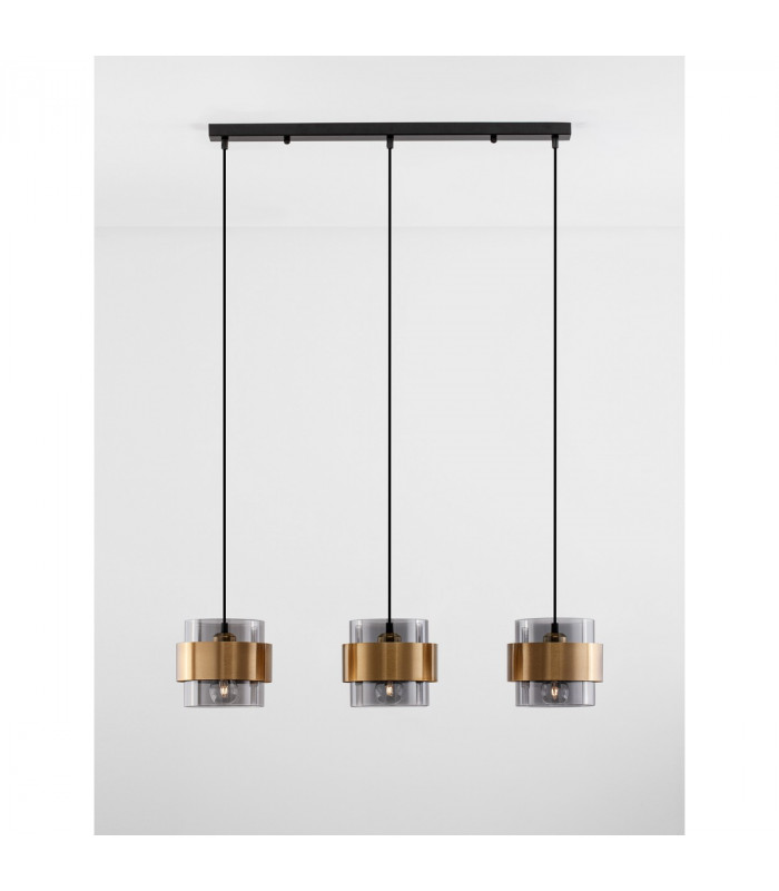 Sianna 3 Light Bar Pendant Ceiling Light Smoke Glass Brass Gold Metal LED E27-2