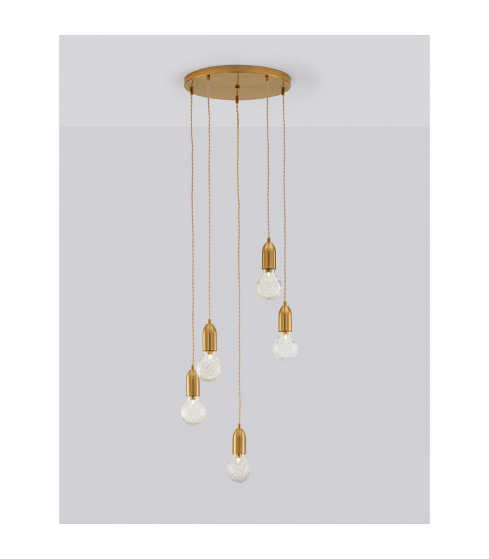 Veda 5 Light Cluster Pendant Ceiling Light Brass Metal Clear Glass LED G9-4