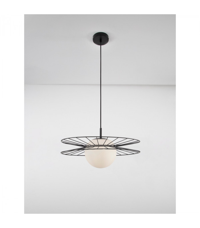 Ellery Globe Pendant Ceiling Light Opal Glass Sandy Black Metal LED E27-3