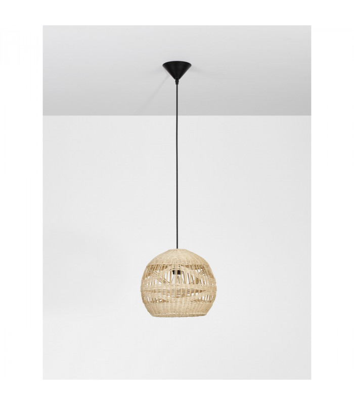 Marlo 30cm Dome Pendant Ceiling Light Natural Rattan Black Fabric Wire Base LED E27-3