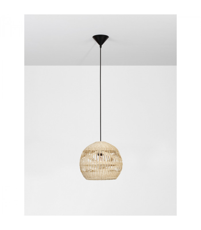Marlo 30cm Dome Pendant Ceiling Light Natural Rattan Black Fabric Wire Base LED E27-4