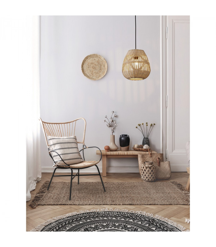 Marlo 27cm Dome Pendant Ceiling Light Natural Rattan Black Fabric Wire Base LED E27-2