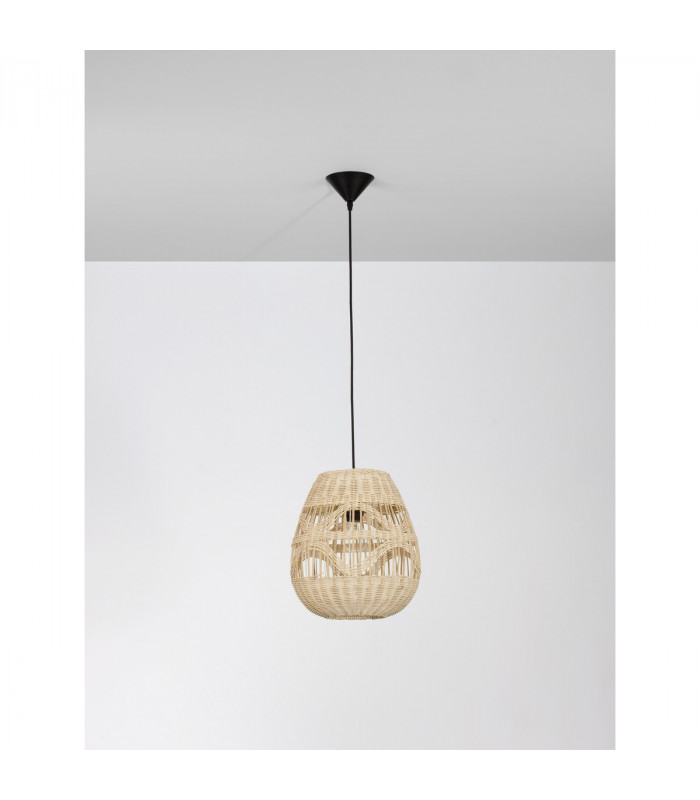 Marlo 30cm Dome Pendant Ceiling Light Natural Rattan Black Fabric Wire Base LED E27-3