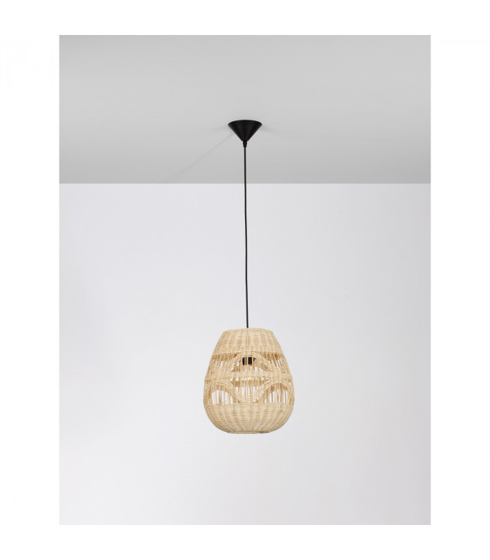 Marlo 30cm Dome Pendant Ceiling Light Natural Rattan Black Fabric Wire Base LED E27-4