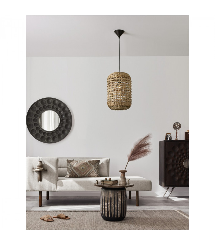 Griffin 27cm Dome Pendant Ceiling Light Dried Water Hyacinth Black Fabric Wire Base LED E27-2