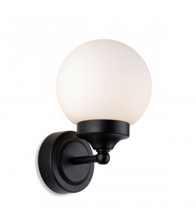 Louis Bathroom Globe Wall Light Black with Opal White Glass IP44