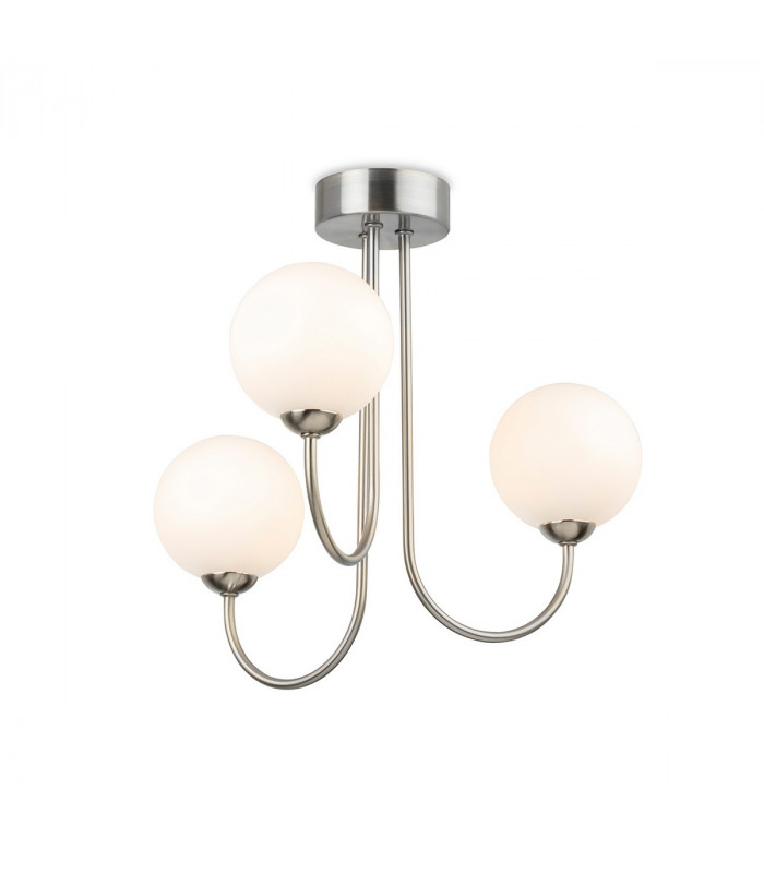 Lyndon 3 Light Globe Flush Fitting Brushed Steel with Opal White Glass