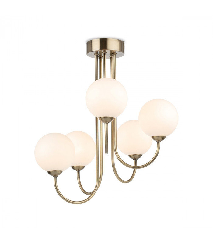Lyndon 5 Light Globe Flush Fitting Antique Brass with Opal White Glass