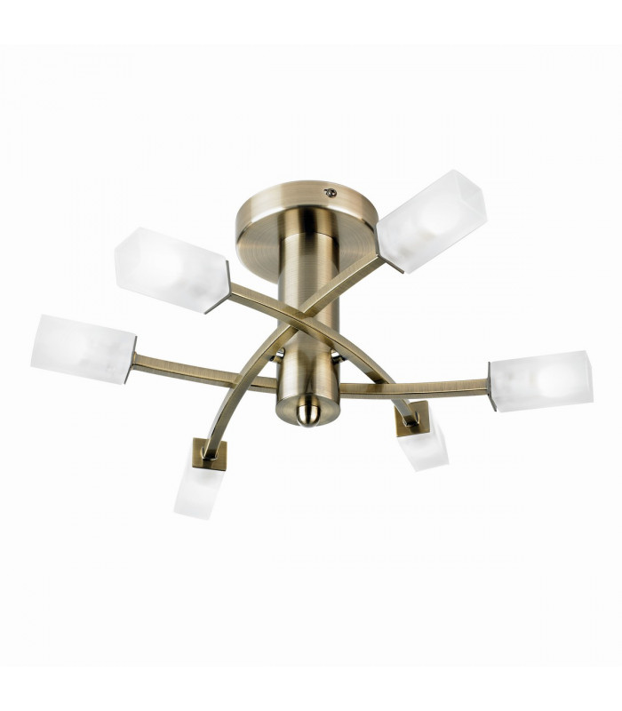 Havana 6 Light Semi Flush Multi Arm Ceiling Light Antique Brass Glass