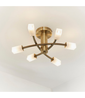 Havana 6 Light Semi Flush Multi Arm Ceiling Light Antique Brass Glass-1
