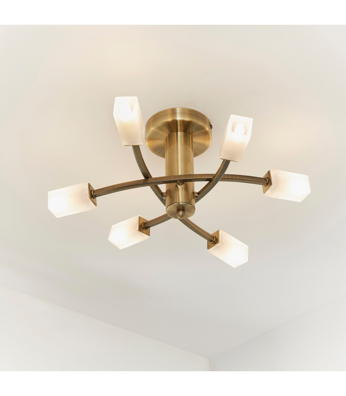 Havana 6 Light Semi Flush Multi Arm Ceiling Light Antique Brass Glass-1