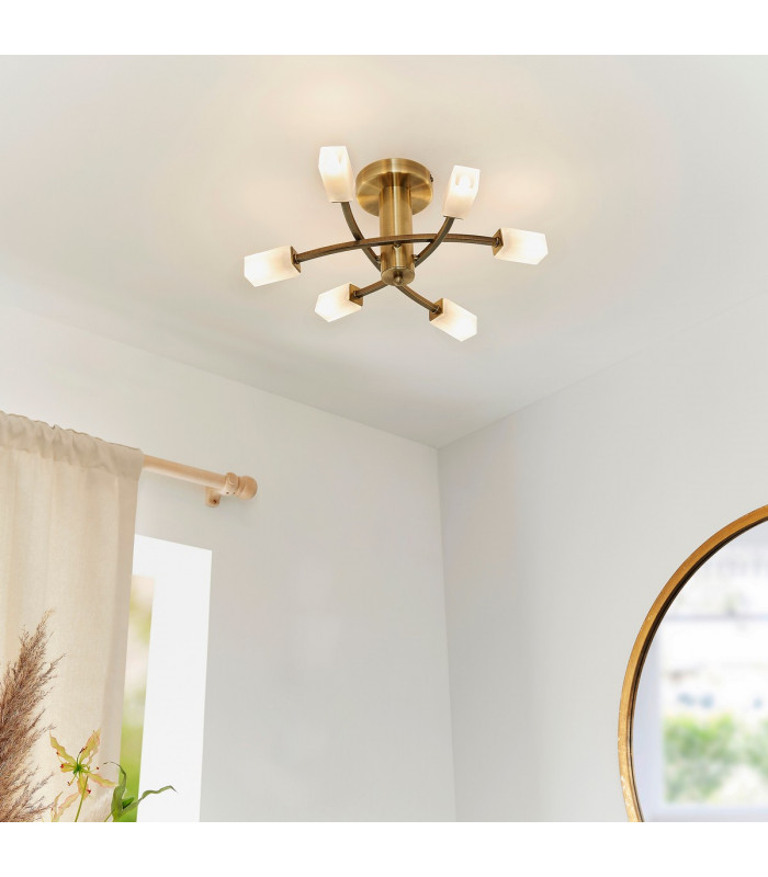 Havana 6 Light Semi Flush Multi Arm Ceiling Light Antique Brass Glass-2