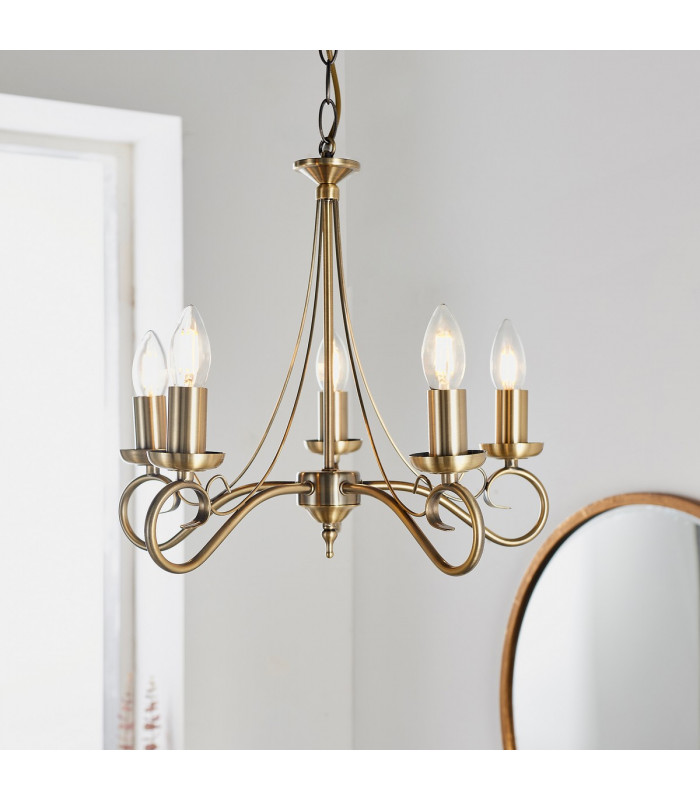 Trafford 5 Light Multi Arm Ceiling Pendant Candle Antique Brass-1