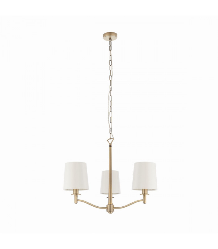 Ortona 3 Light Multi Arm Pendant Matt Antique Brass, Vintage White Faux Silk, E14