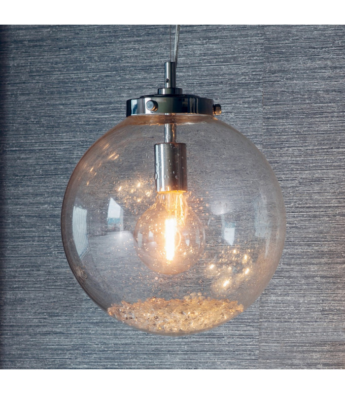 Harbour 1 Light Pendant Globe Chrome, Glass With Bubbles, E27