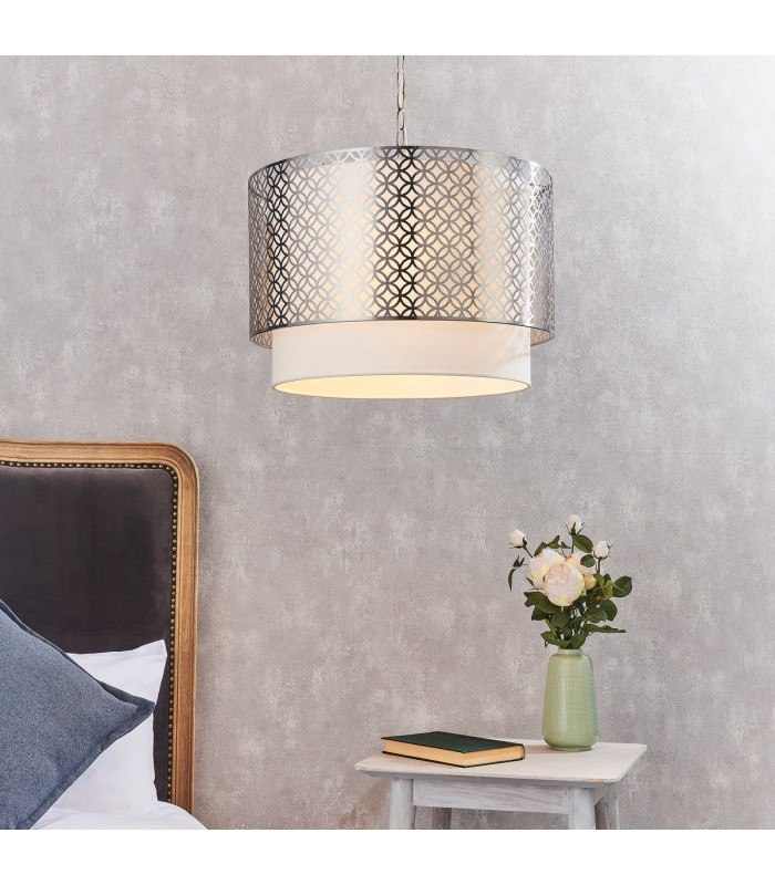 Gilli 3 Light Round Ceiling Pendant Satin Nickel Plate & Vintage White Linen-2