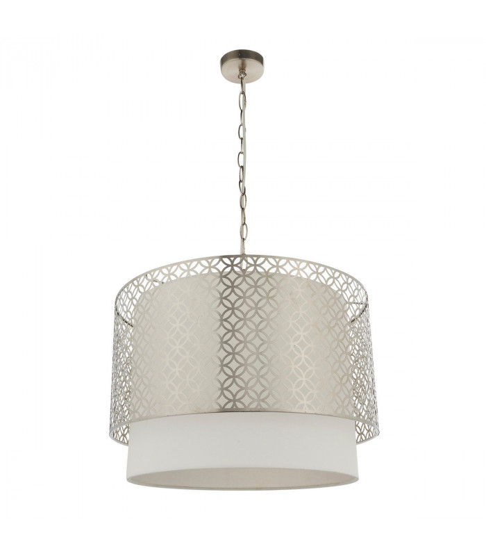 Gilli 3 Light Round Ceiling Pendant Satin Nickel Plate & Vintage White Linen, E27