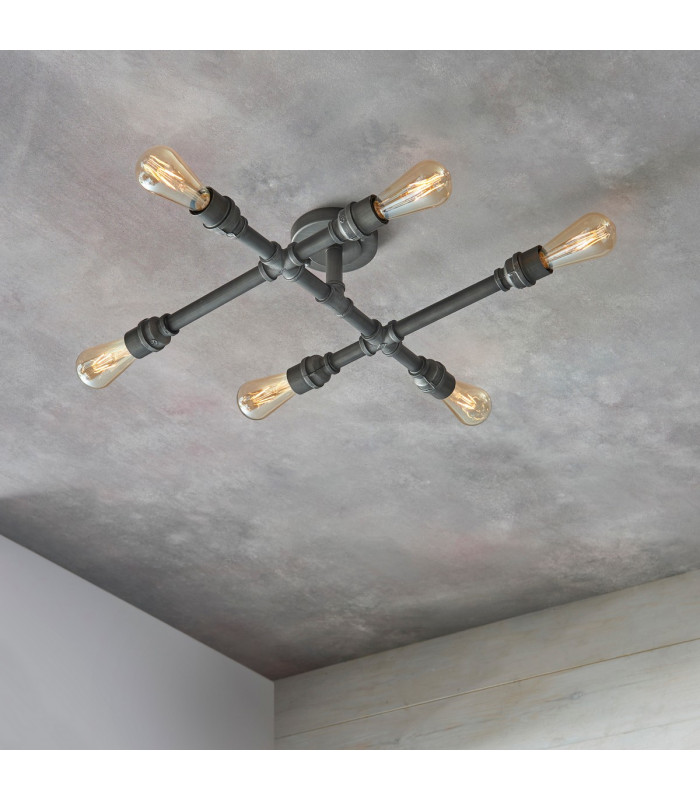 Pipe 6 Light Semi Flush Light Aged Pewter Paint-1