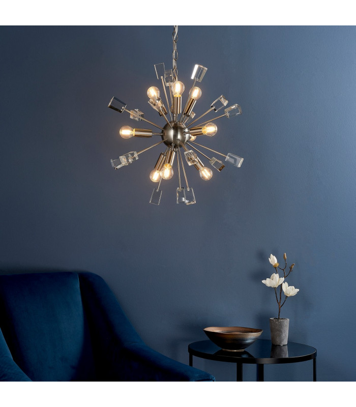 Miro 9 Light Ceiling Pendant Satin Nickel Plate & Clear Crystal Glass-2
