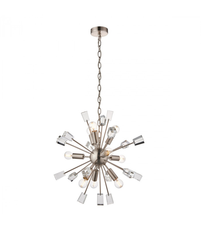 Miro 9 Light Ceiling Pendant Satin Nickel Plate & Clear Crystal Glass, E14