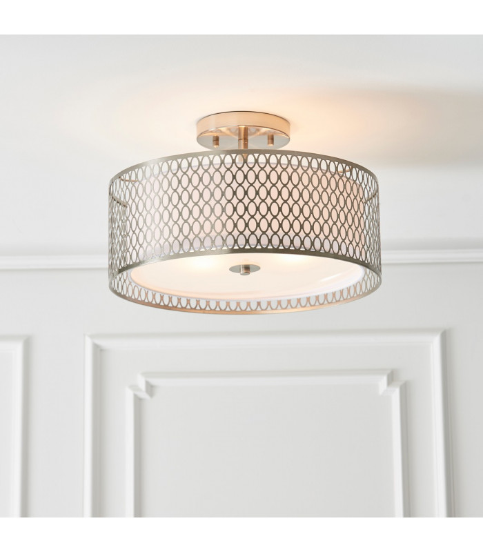 Cordero 3 Light Flush Light Satin Nickel Plate & White Cotton Mix-1