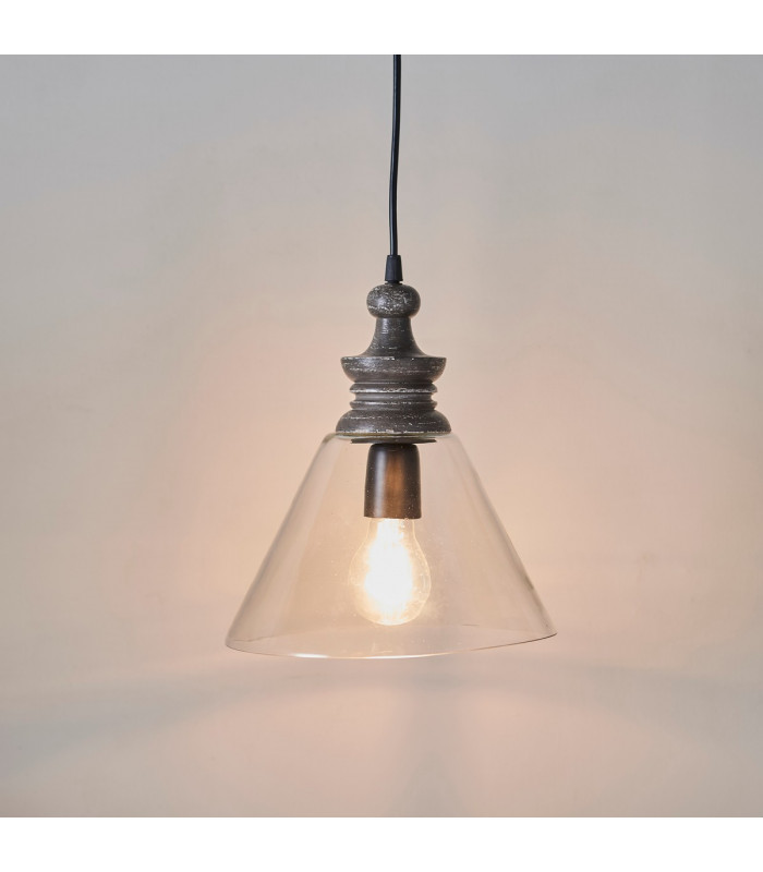 Kerala 1 Light Ceiling Pendant Clear Glass & Taupe Grey Distressed Wood-1