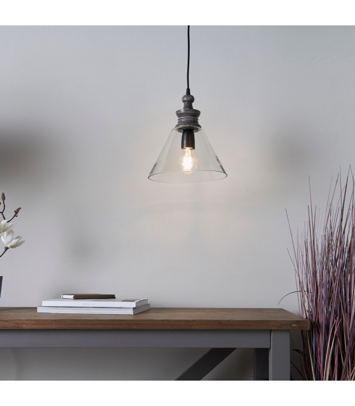 Kerala 1 Light Ceiling Pendant Clear Glass & Taupe Grey Distressed Wood-2