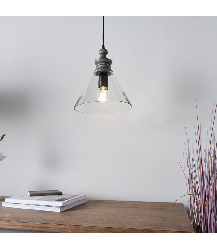 Kerala 1 Light Ceiling Pendant Clear Glass & Taupe Grey Distressed Wood-3