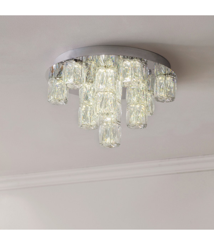 Prisma Integrated LED Flush Chrome Effect Plate & Crystal (K9) Glass Detail 15 Light Dimmable IP20-2