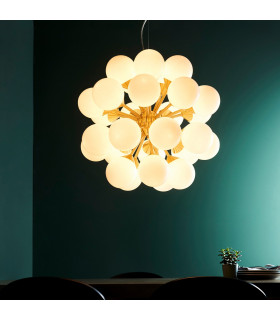 Oscar Globe Pendant Satin Brushed Gold Effect Plate & Gloss White Glass 28 Light Dimmable IP20 - G9-1