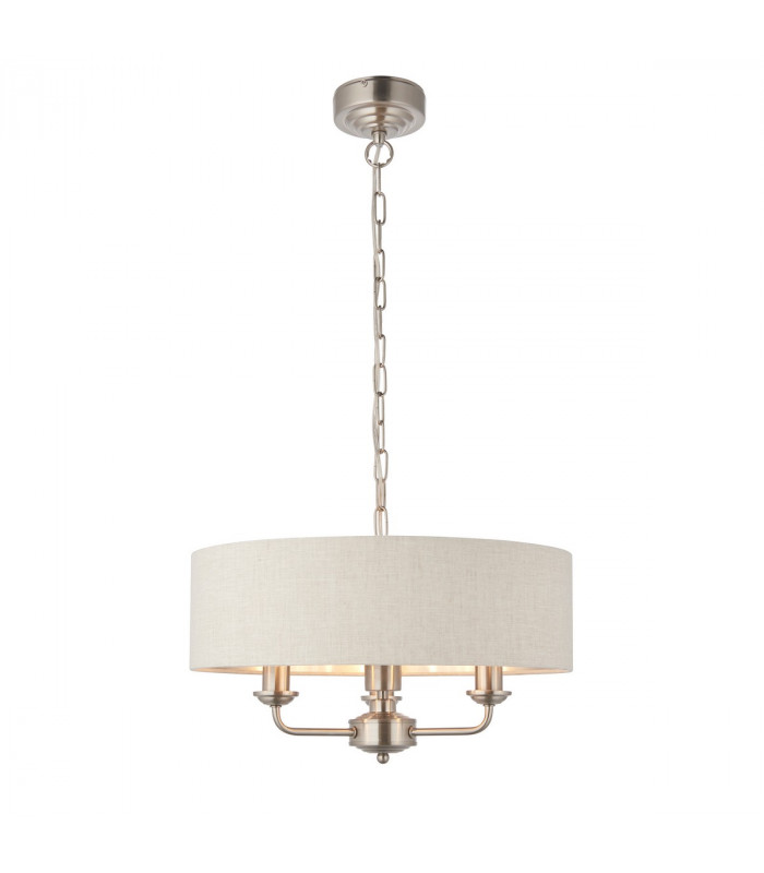 Highclere 3 Lamp Single Shade Pendant Light Brushed Chrome Plate, Natural Linen