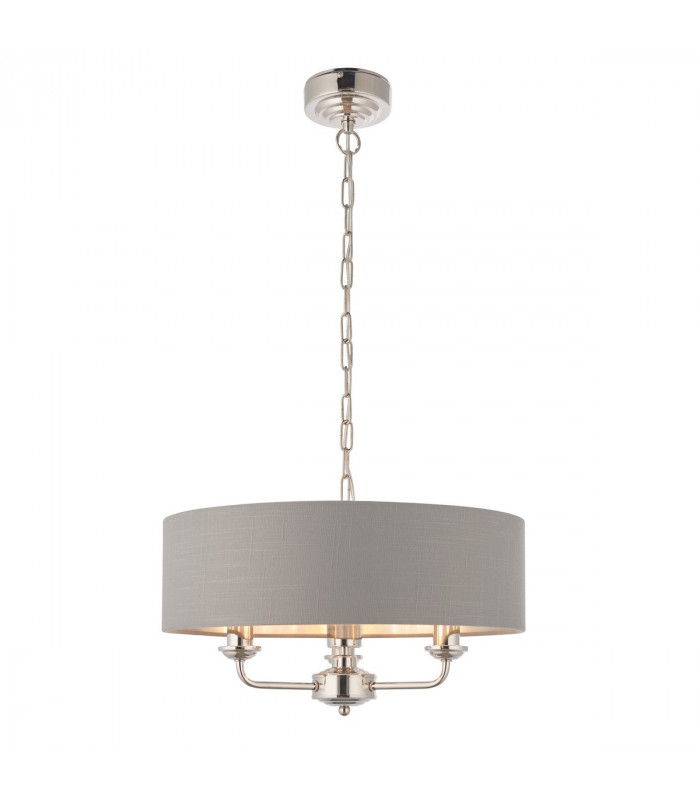 Highclere 3 Lamp Cylindrical Pendant Light Bright Nickel Plate, Charcoal Fabric