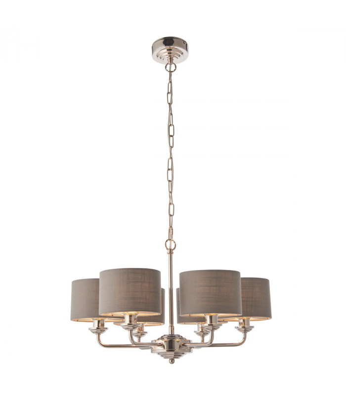 Highclere Pendant Light Bright Nickel Plate, Charcoal Fabric Multi Arm Shade