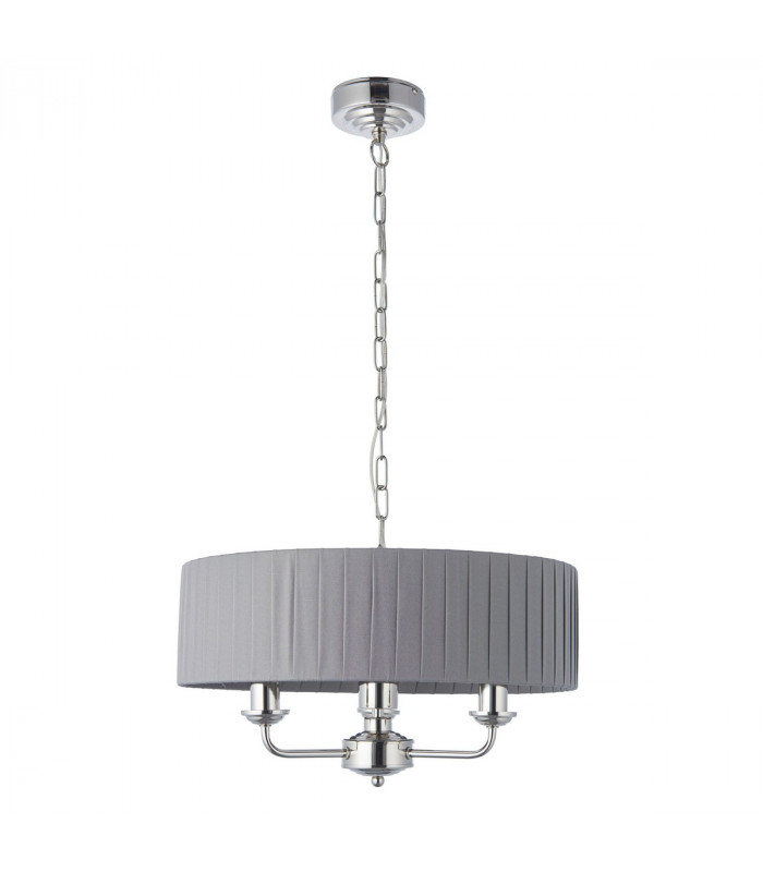 Highclere 3 Lamp Single Shade Pendant Light Bright Nickel Plate, Charcoal Fabric
