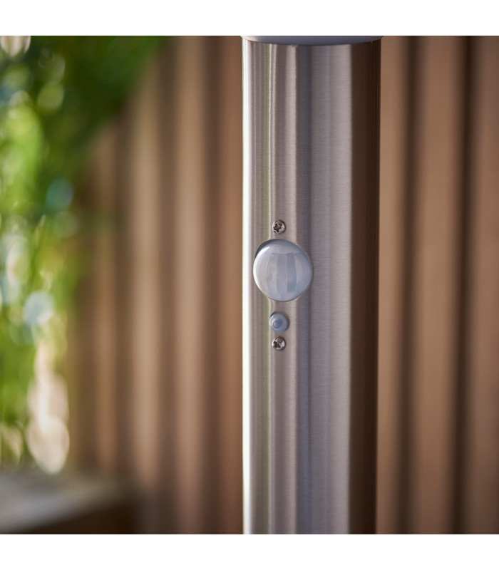 Modern Solar Powered Dimmable LED Tall Bollard Lamp Brushed Stainless Steel, PIR Motion & Day Night Sensors, Warm White, IP44
