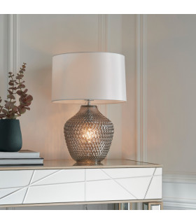 Chelworth Modern Classic Twin Light Table Lamp Grey Tinted Ribbed Glass Base White Fabric Shade-1