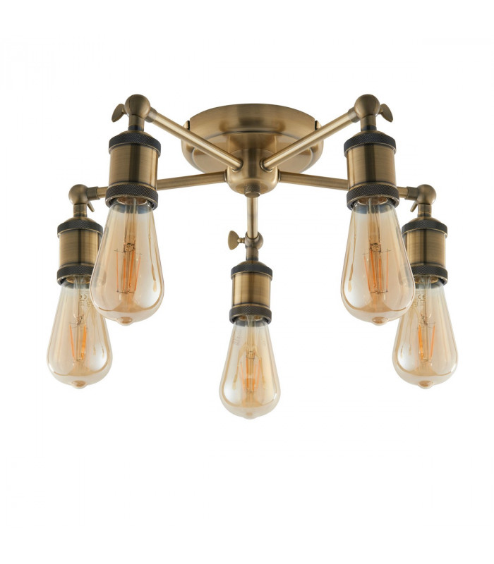 Hal 5 Light Multi Arm Lamp Semi Flush Ceiling Lamp, Antique Brass Plate