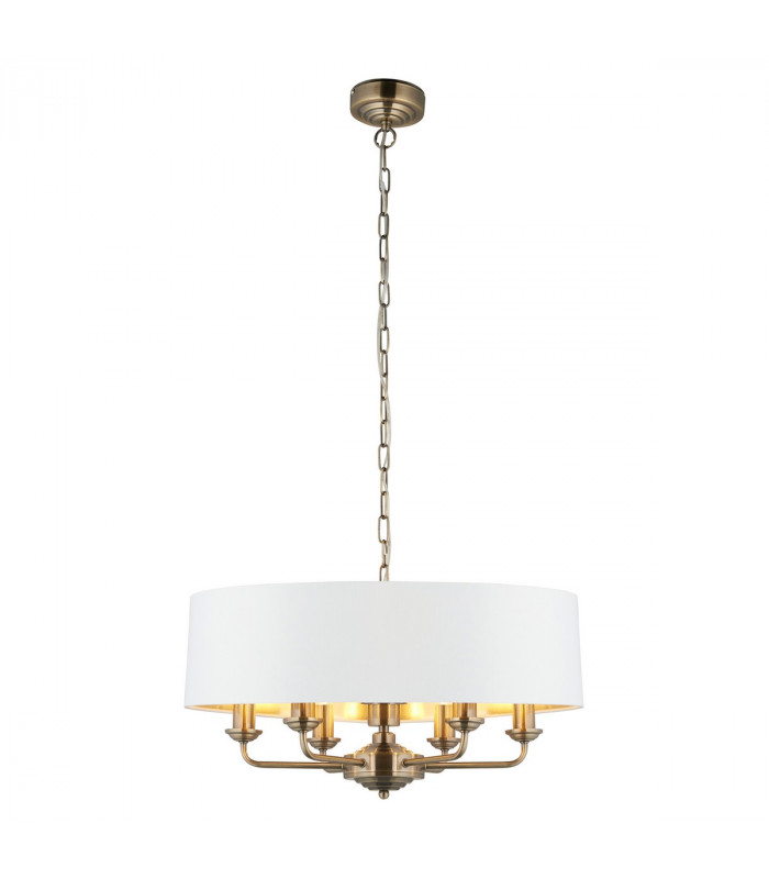 Highclere 6 Lamp Single Shade Pendant Ceiling Lamp, Antique Brass Plate, Vintage White Fabric