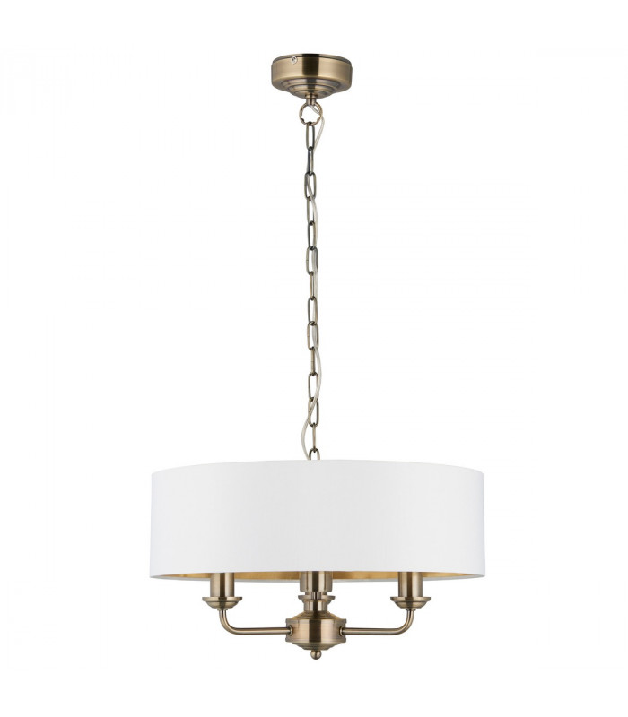 Highclere 3 Lamp Single Shade Pendant Ceiling Lamp, Antique Brass Plate, Vintage White Fabric