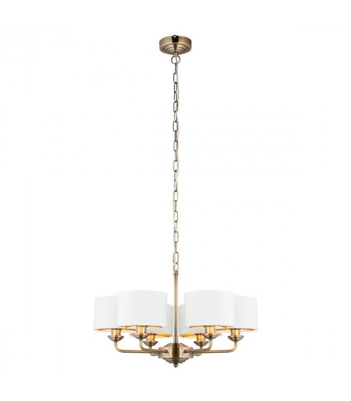 Highclere Multi Arm Shade Pendant Ceiling Lamp, Antique Brass Plate, Vintage White Fabric