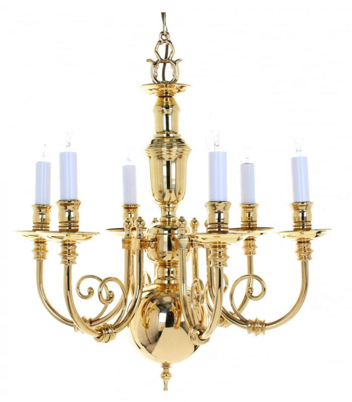 Beveren Polished Brass 6 Arm Chandelier